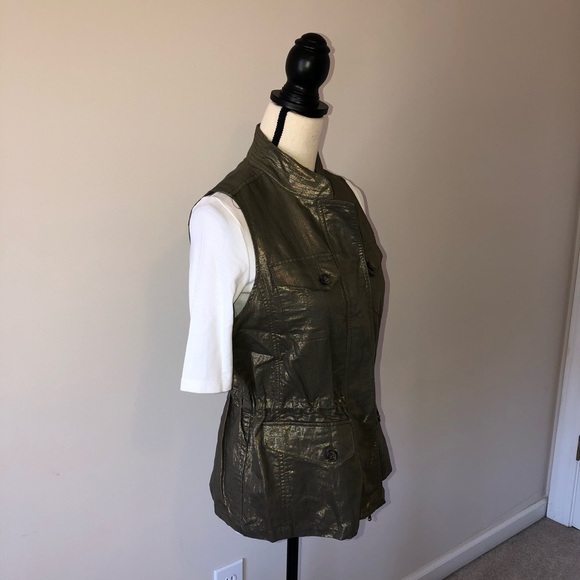 Metallic Foiled Linen Utility Cargo Vest Olive Green Gold Size 0 Small 4 - Picture 4 of 10